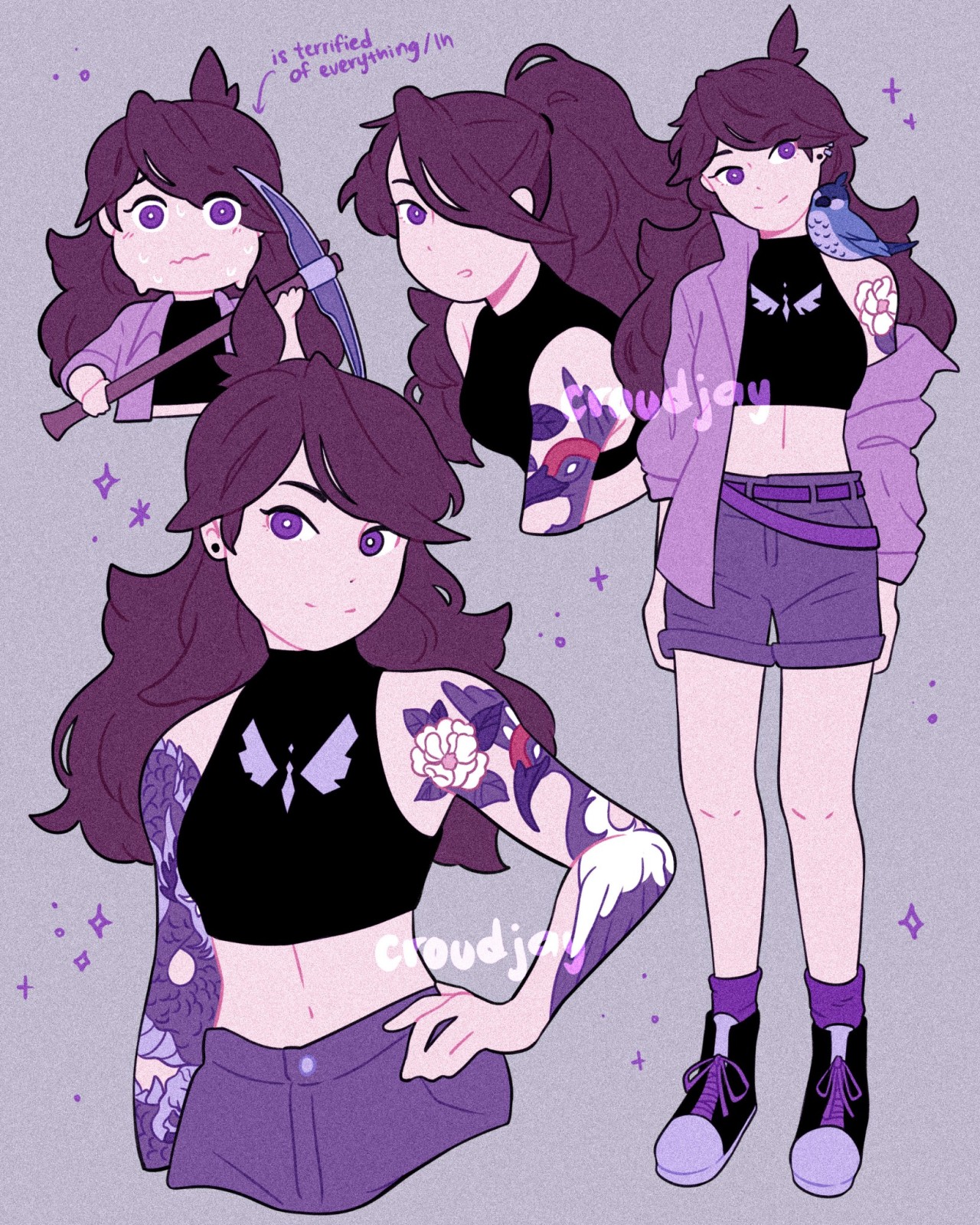 A collage of multiple drawings of Jaiden. She has her purple-ish hair half-up, half-down. She has purple eyes, and is wearing a black crop top with a purple jacket over it. She wears darker purple shorts and purple and black hightops with dark purple laces. On the crop top is a white ensignia that looks like bird wings taking off. In some of the drawings, she has her jacket off showing off two full sleeves of tattoos, but it is difficult to make out what they are. In one drawing is a bluebird that sits on her shoulder.